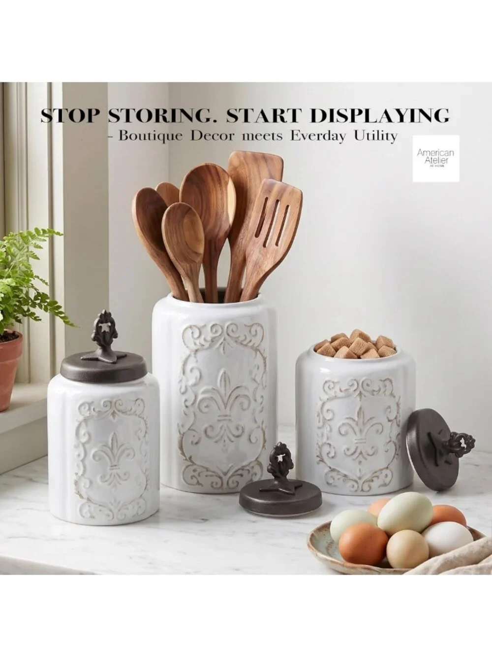 Elegant 3-Piece White Ceramic Canister Set with Airtight Stainless Steel Lids